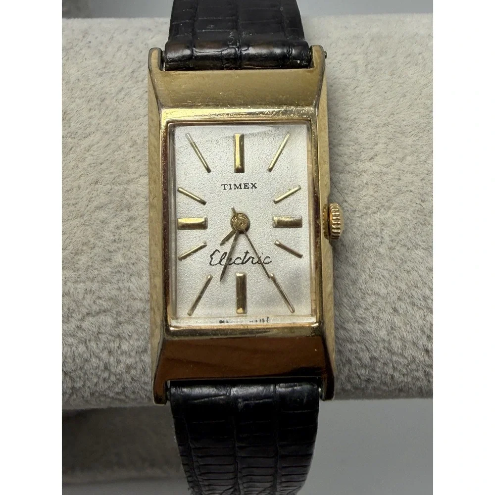 Timex Electric Ladies Tank Watch New Battery 10K Rolled Gold Plate 18MM 6.5
